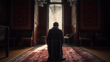 A lone man meditates on the carpet, praying to God generated by AI photo