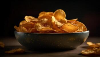 un crujiente montón de insalubre patata papas fritas en un mesa generado por ai foto