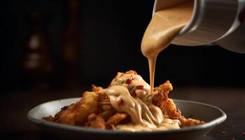 Indulgent homemade pasta with savory sauce, fresh ingredients and melting cheese generated by AI photo