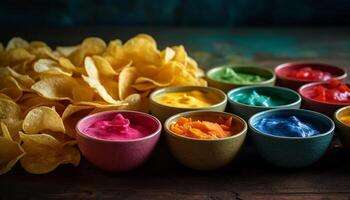 A vibrant still life of homemade guacamole in a rainbow bowl generated by AI photo