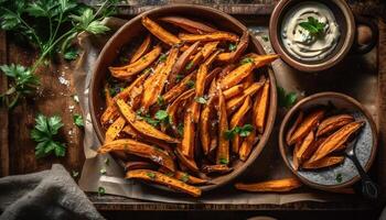 un rústico hecho en casa comida profundo frito pescado con crujiente francés papas fritas generado por ai foto