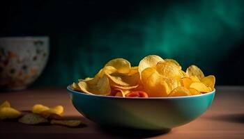 un crujiente apilar de insalubre frito patata papas fritas en mesa generado por ai foto