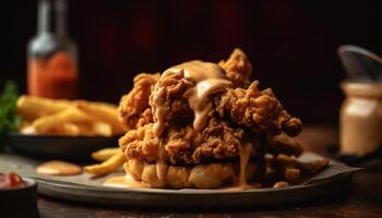 A rustic plate of grilled pork with homemade sauce and fries generated by AI photo