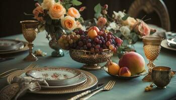 A rustic banquet arrangement on a wooden plate with grapes generated by AI photo