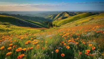 A panoramic landscape of vibrant colors at dawn on mountains generated by AI photo