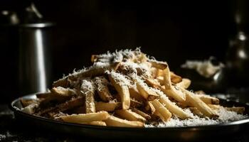 Freshly cooked homemade French fries, a crunchy and unhealthy snack generated by AI photo