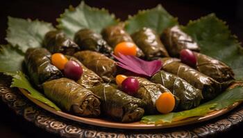 Stuffed grape leaves, a healthy vegetarian appetizer for lunch buffet generated by AI photo