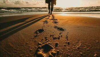 Barefoot silhouette jogging on waters edge at sunset, idyllic adventure generated by AI photo