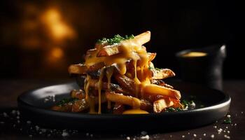 Grilled beef slice with savory sauce on rustic wooden plate generated by AI photo