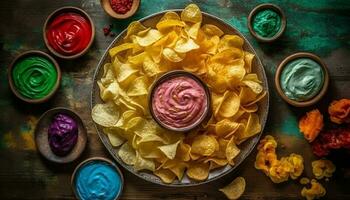 Fresh guacamole dip on a crunchy tortilla chip appetizer bowl generated by AI photo