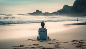 uno joven mujer medita en soledad, abrazando belleza en naturaleza generado por ai foto