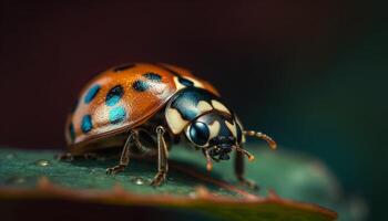 Spotted ladybug crawls on green leaf, beauty in nature generated by AI photo