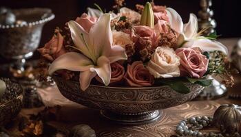 A rustic vase holds an ornate bouquet of multi colored flowers generated by AI photo