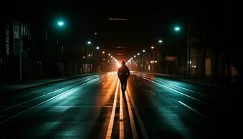 soledad desvanecimiento en el ciudad borroso movimiento, iluminado por luces de la calle generado por ai foto