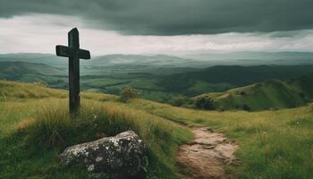 Tranquil sunset over majestic mountain range, cross symbolizes spirituality generated by AI photo