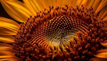 Vibrant sunflower blossom attracts bee in organic meadow landscape generated by AI photo