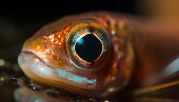 The multi colored fish in the fish tank looked at the camera generated by AI photo