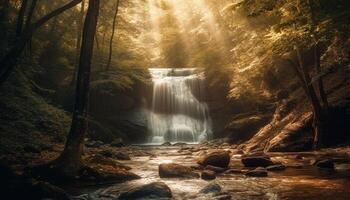 The majestic cliff overlooks the flowing water in the ravine generated by AI photo