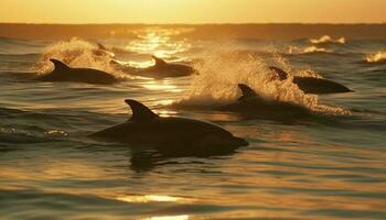 majestuoso asesino ballena cola salpicaduras en tranquilo puesta de sol aguas generado por ai foto