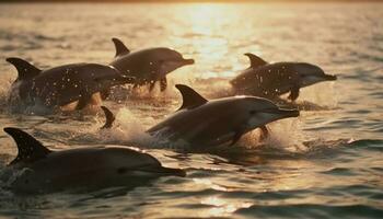 un juguetón grupo de delfines salpicaduras en el azul mar generado por ai foto