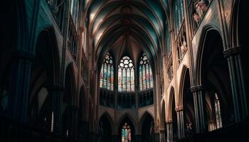 Inside the Gothic style basilica, stained glass illuminates the majestic altar generated by AI photo