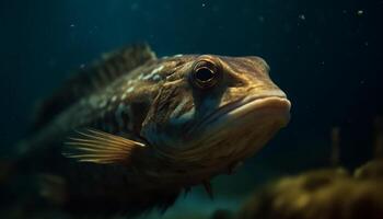 A multi colored fish swimming in the coral, looking at camera generated by AI photo