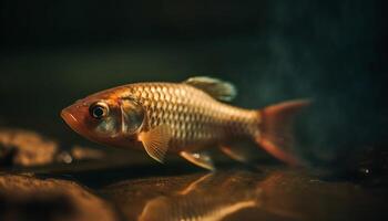 The elegant goldfish swims in a multi colored fish tank generated by AI photo