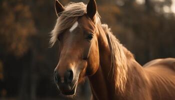 A bay thoroughbred horse grazes in a tranquil sunset meadow generated by AI photo