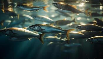 A school of multi colored fish swimming in the deep reef generated by AI photo