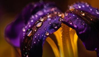 Vibrant purple petals with dew drops showcase nature fragility generated by AI photo