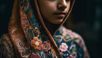 hermosa joven mujer en tradicional sari exuda elegancia y confianza generado por ai foto