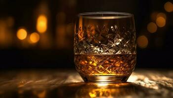 Luxury whiskey celebration dark liquid in gold brandy snifter generated by AI photo