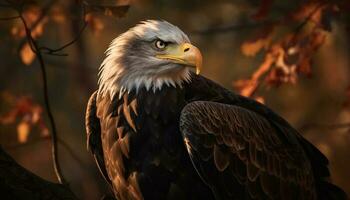 Majestic bald eagle perching on branch, symbol of American freedom generated by AI photo