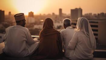 In Dubai, couples bond outdoors, enjoying traditional Arabic style architecture generated by AI photo