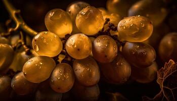 Ripe grape bunches on green vineyard branches for winemaking celebration generated by AI photo