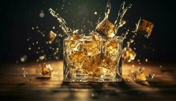 Luxury scotch whiskey poured over ice in elegant drinking glass generated by AI photo