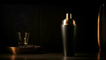 Shiny metallic bottle reflects elegance in dark studio shot generated by AI photo