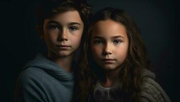 dos linda hermanos, un hermano y hermana, sonriente para retrato generado por ai foto