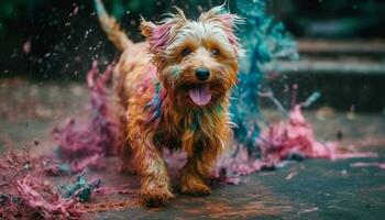 Playful terrier splashes in shower, tongue out, pure joy generated by AI photo