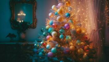 brillante adornos iluminar árbol, trayendo alegría a invierno celebracion adentro generado por ai foto