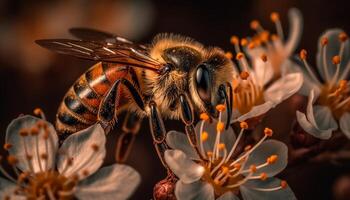 A busy honey bee pollinates a single flower in nature generated by AI photo