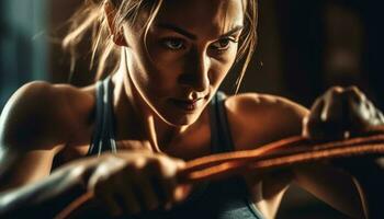 One determined young woman practicing sports training indoors with concentration generated by AI photo