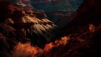 Majestic mountain range at dusk, eroded sandstone cliffs, stunning beauty generated by AI photo