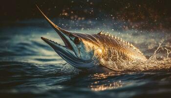 agudo dientes de un grande pescado atrapado a puesta de sol generado por ai foto