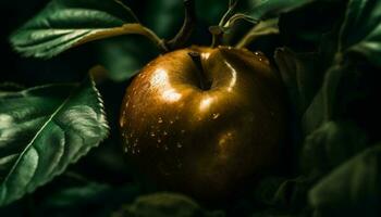 Ripe apple on wet branch, a fresh autumn snack generated by AI photo