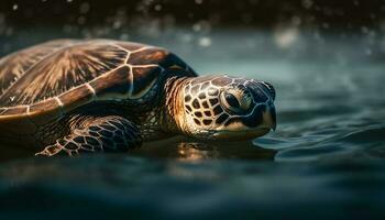 el lento mar tortuga, un en peligro de extinción especies, nada submarino pacíficamente generado por ai foto
