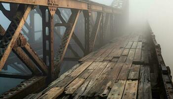 Old footbridge over tranquil water, a vanishing point in nature generated by AI photo