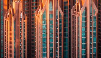 Modern skyscraper illuminates city skyline with futuristic geometric shape generated by AI photo