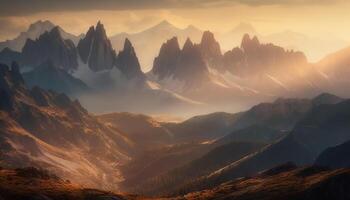 majestuoso montaña pico a amanecer, un tranquilo belleza en naturaleza generado por ai foto