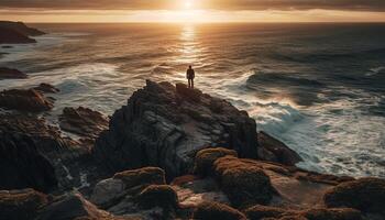 Standing on cliff, one person looks at tranquil sunset generated by AI photo